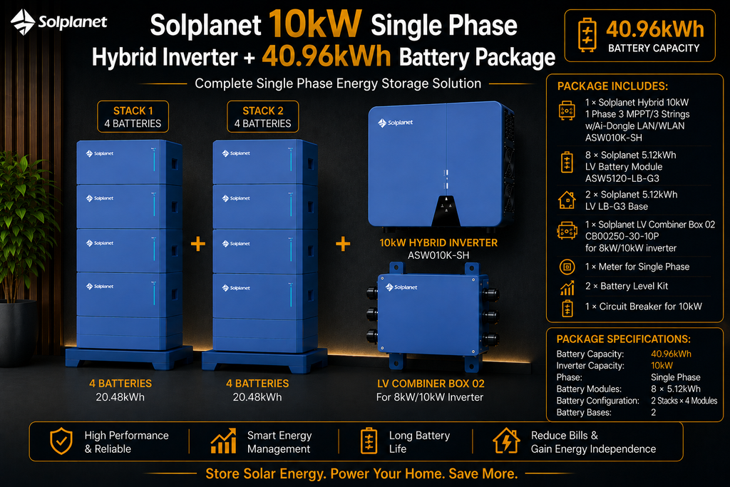 Solplanet 10kW Single Phase Hybrid Inverter + 40.96kWh Battery Package