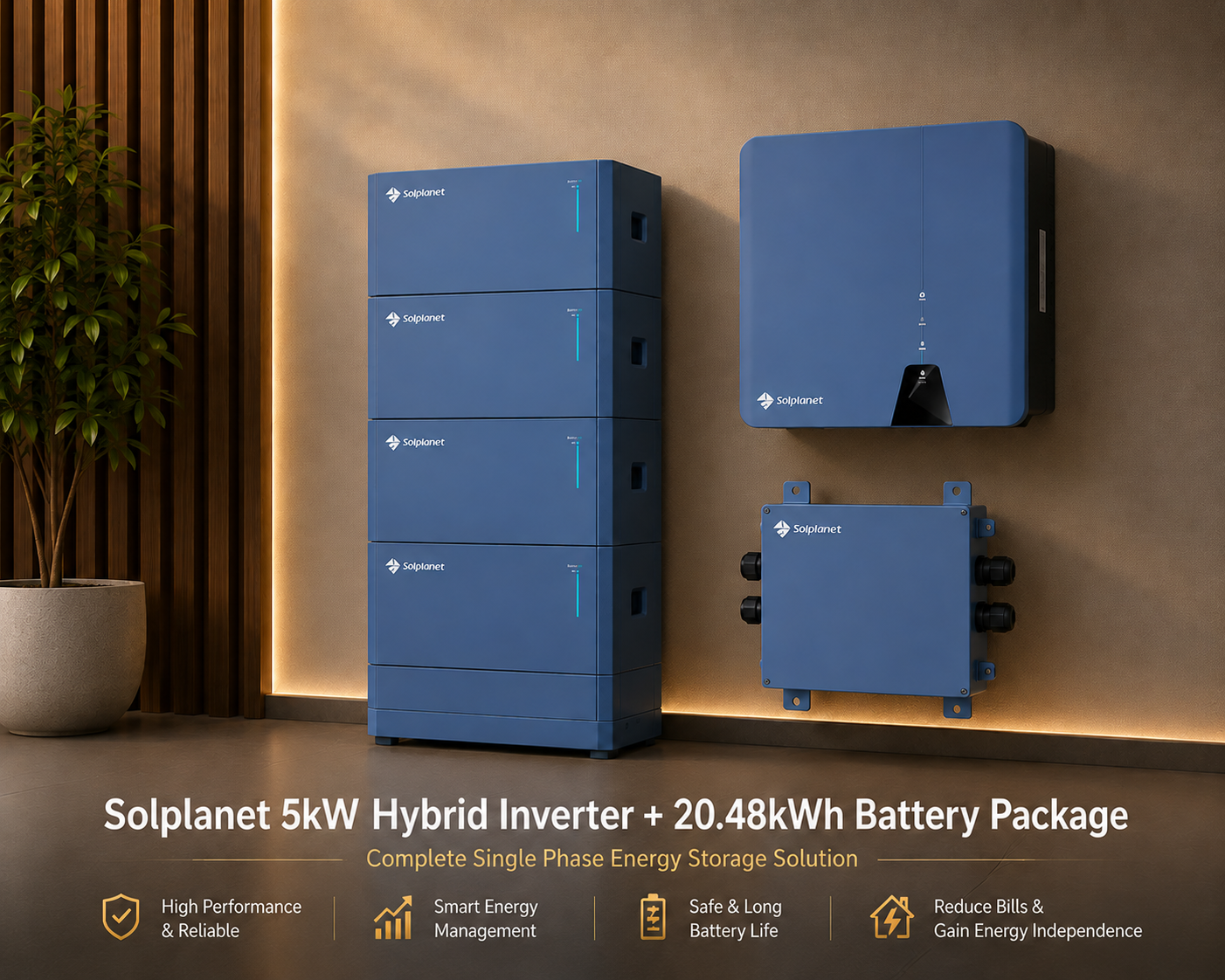 Solplanet 5kW Single Phase Hybrid Inverter + 20.48kWh Battery Package