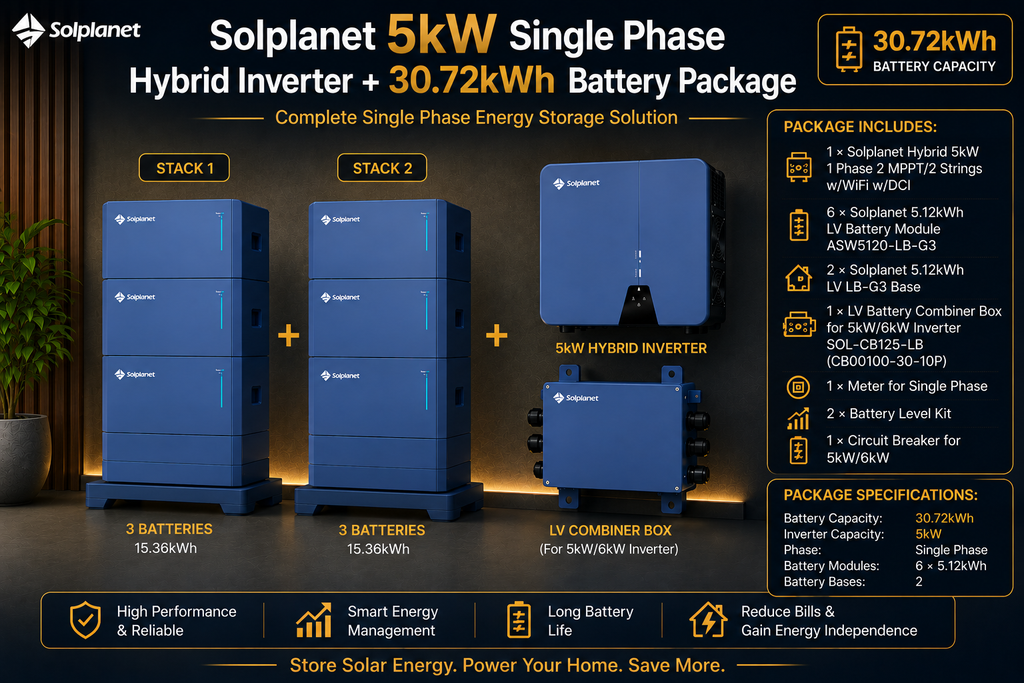 Solplanet 5kW Single Phase Hybrid Inverter + 30.72kWh Battery Package (Copy)