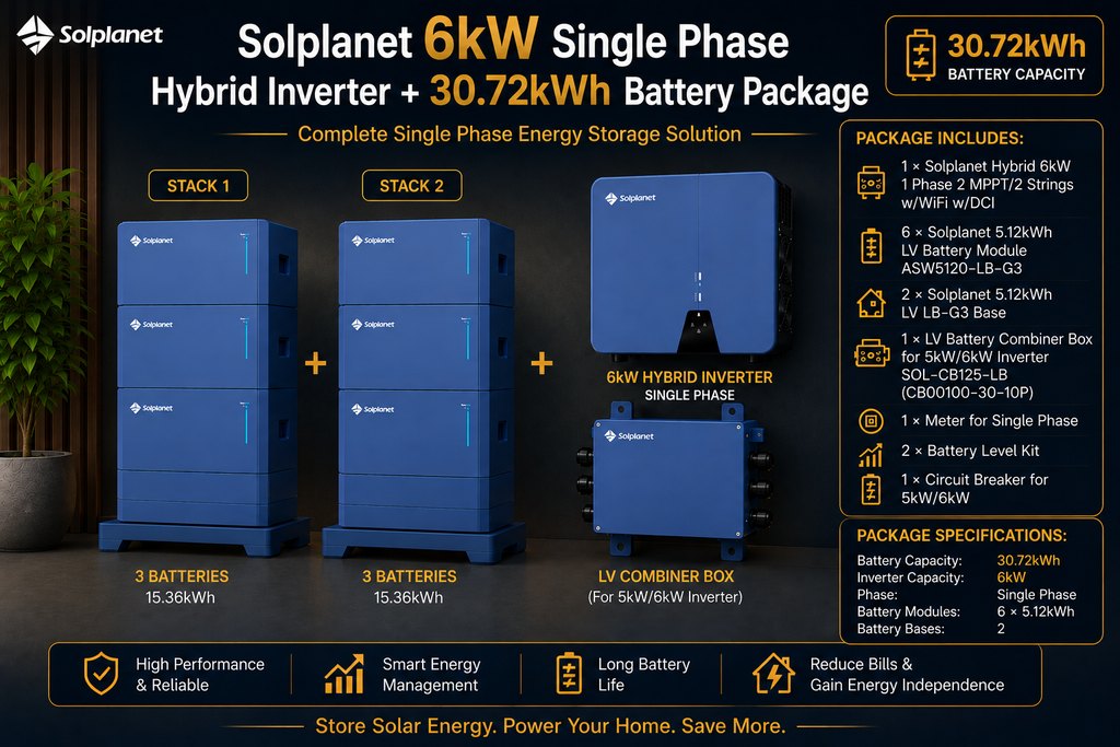 Solplanet 6kW Single Phase Hybrid Inverter + 30.72kWh Battery Package