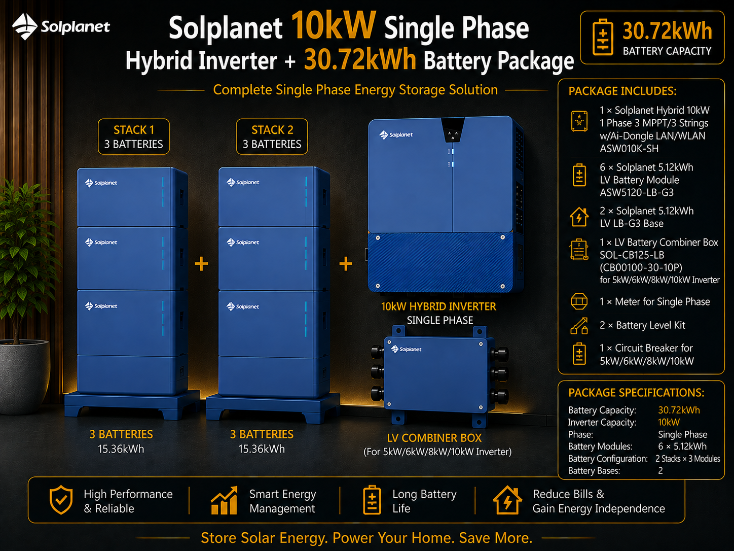 Solplanet 10kW Single Phase Hybrid Inverter + 30.72kWh Battery Package