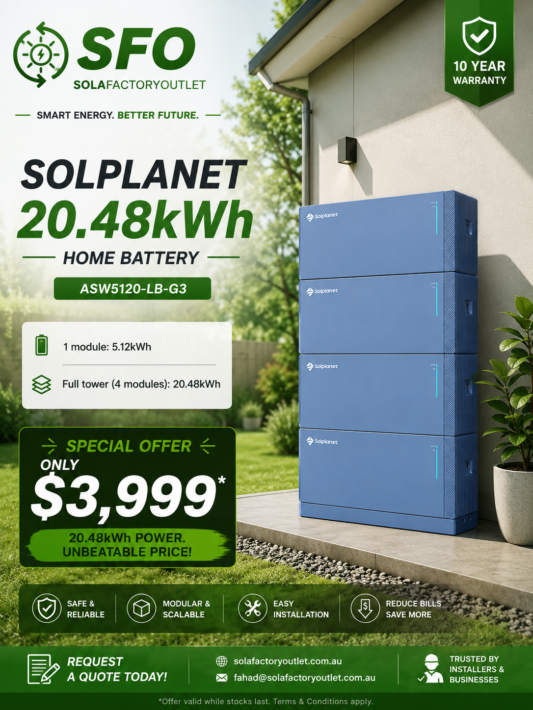 Solplanet 20.48kWh Low Voltage Battery Package for Single Phase Home – ASW5120-LB-G3