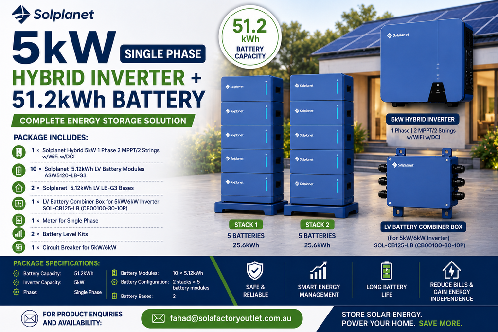 Solplanet 5kW Single Phase Hybrid Inverter + 51.2kWh Battery Package