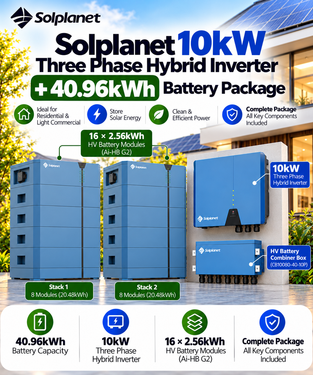 Solplanet 10kW Three Phase Hybrid Inverter + 40.96kWh Battery Package