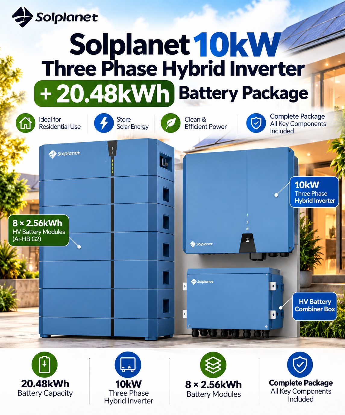 Solplanet 10kW Three Phase Hybrid Inverter + 20.48kWh Battery Package