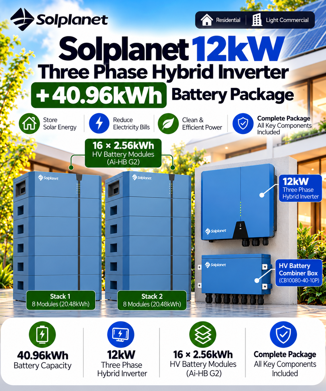 Solplanet 12kW Three Phase Hybrid Inverter + 40.96kWh Battery Package