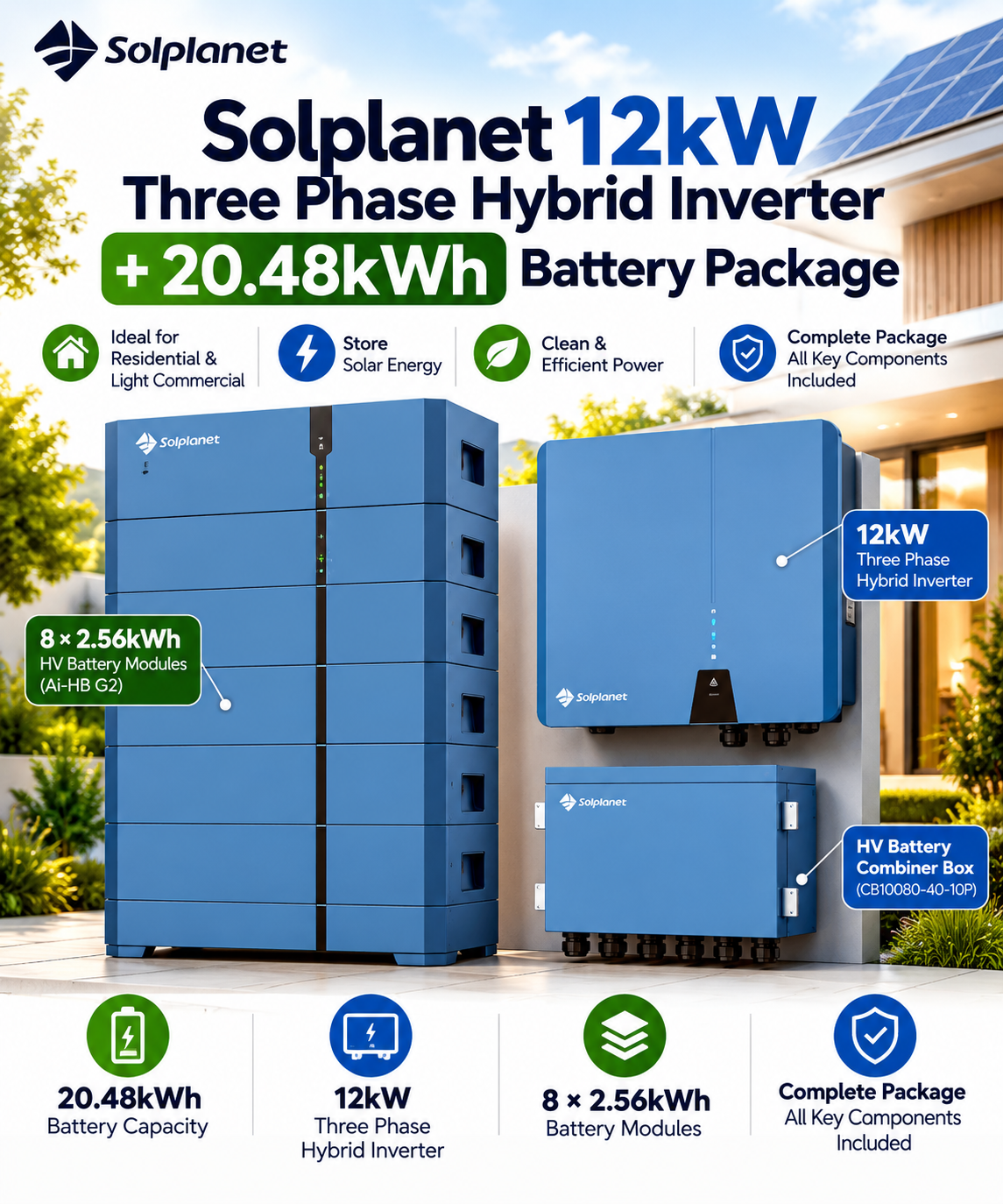 Solplanet 12kW Three Phase Hybrid Inverter + 20.48kWh Battery Package