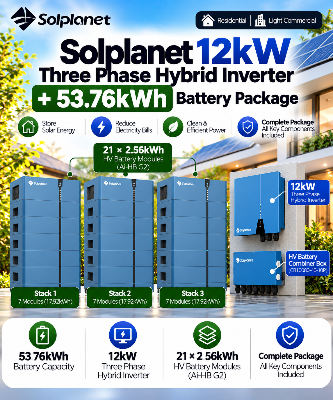 Solplanet 12kW Three Phase Hybrid Inverter + 53.76kWh Battery Package