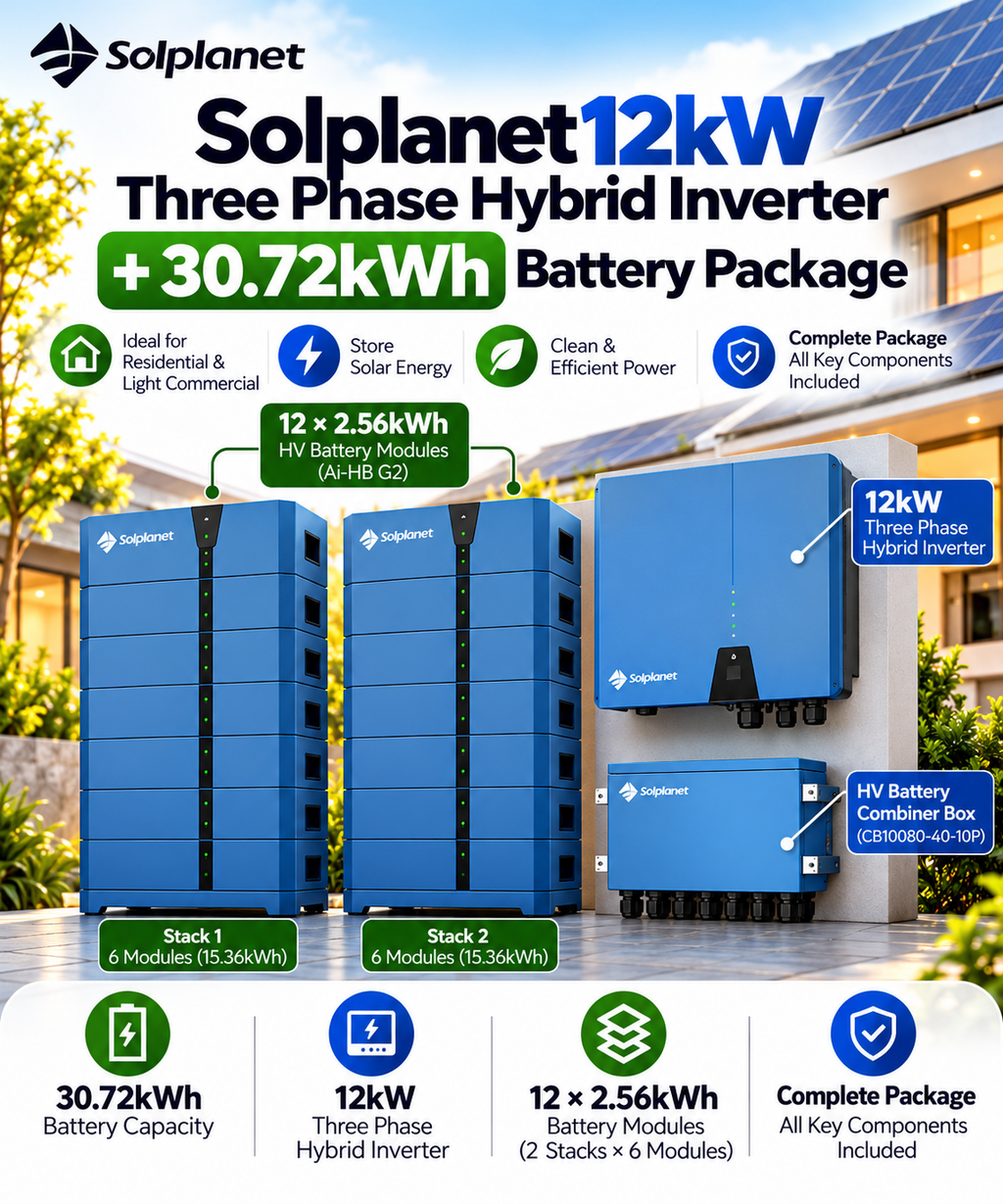 Solplanet 12kW Three Phase Hybrid Inverter + 30.72kWh Battery Package
