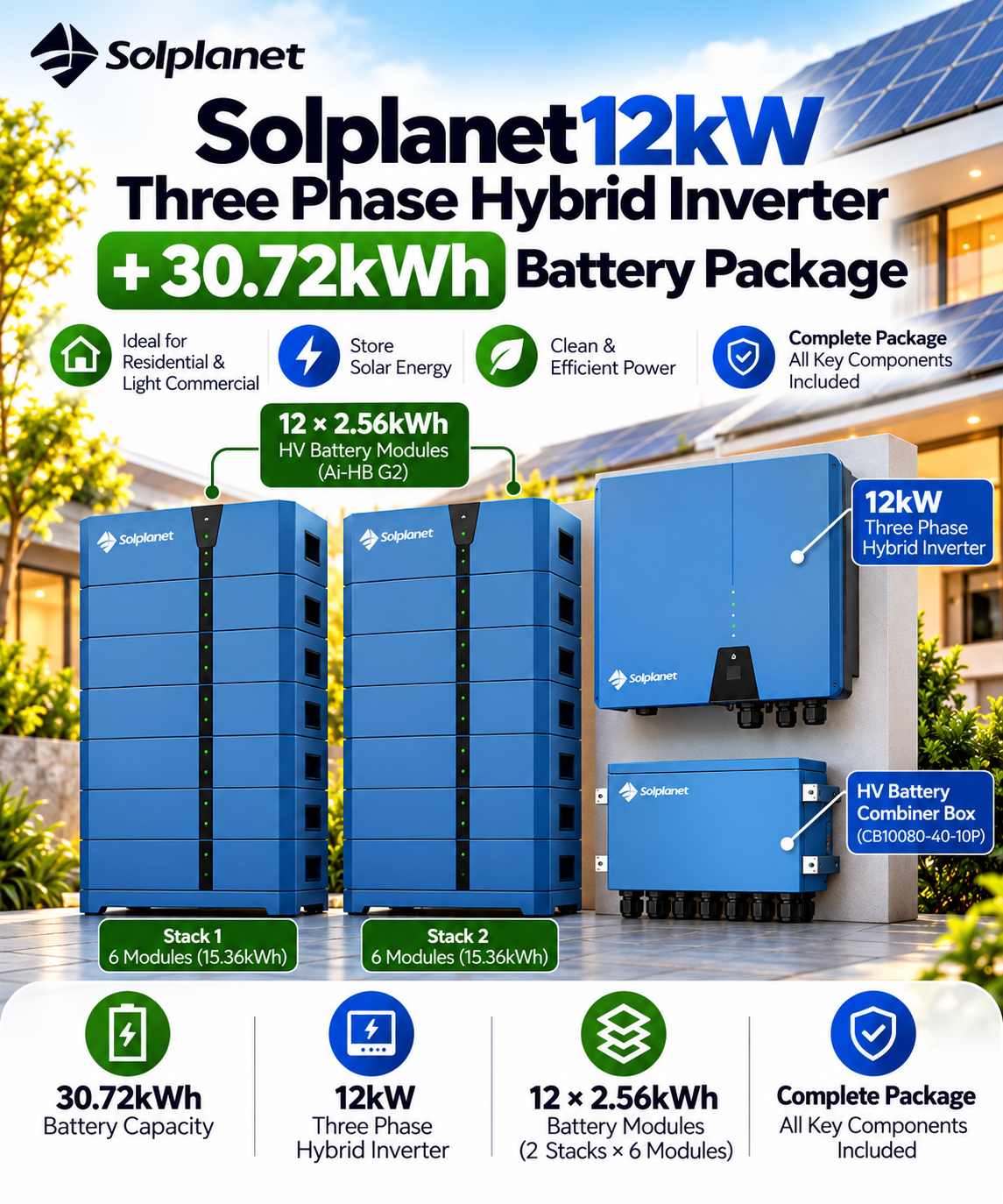 Solplanet 12kW Three Phase Hybrid Inverter + 30.72kWh Battery Package