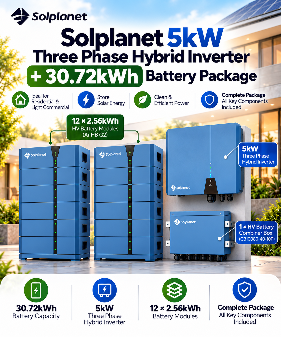 Solplanet 5kW Three Phase Hybrid Inverter + 30.72kWh Battery Package