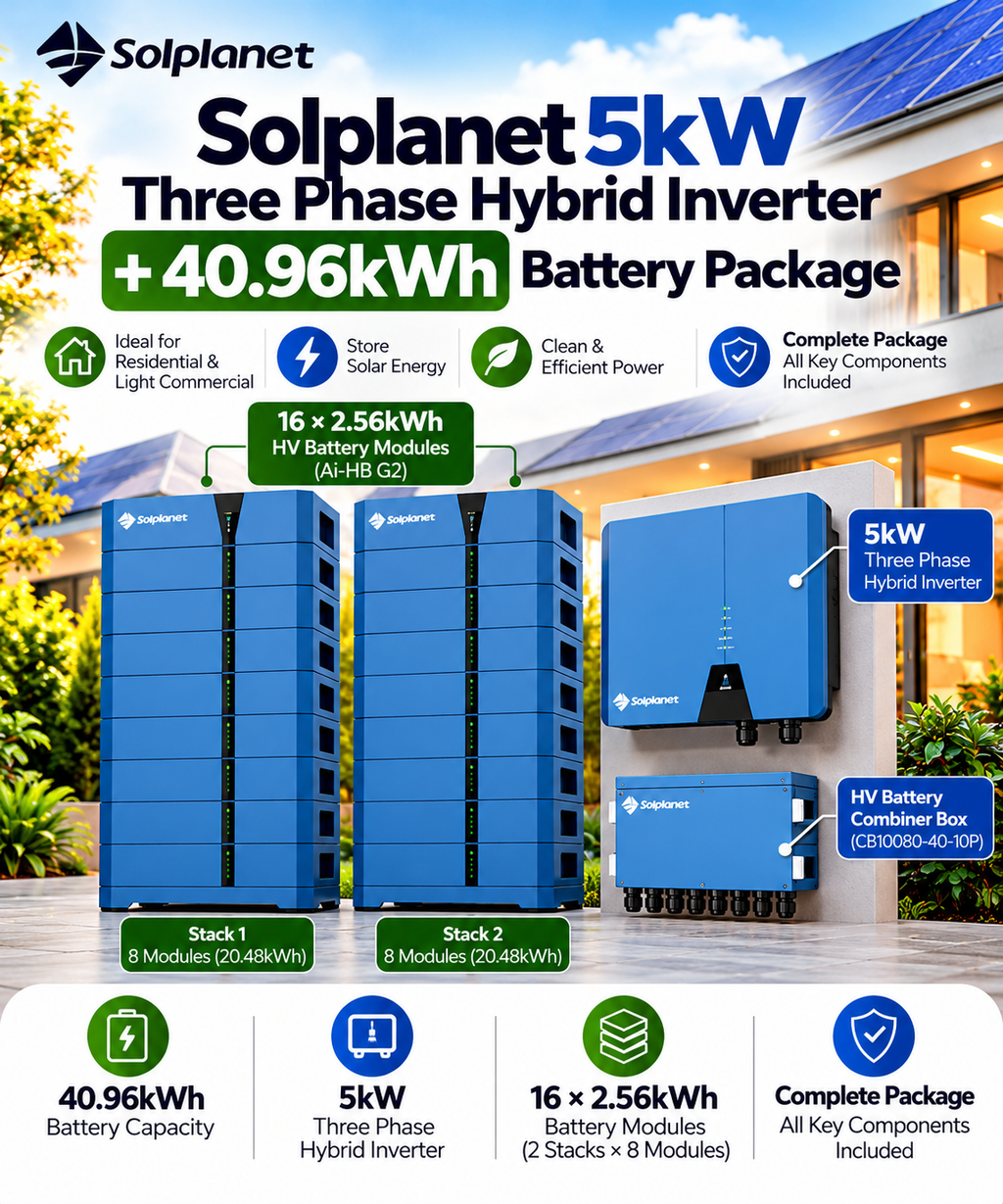Solplanet 5kW Three Phase Hybrid Inverter + 40.96kWh Battery Package