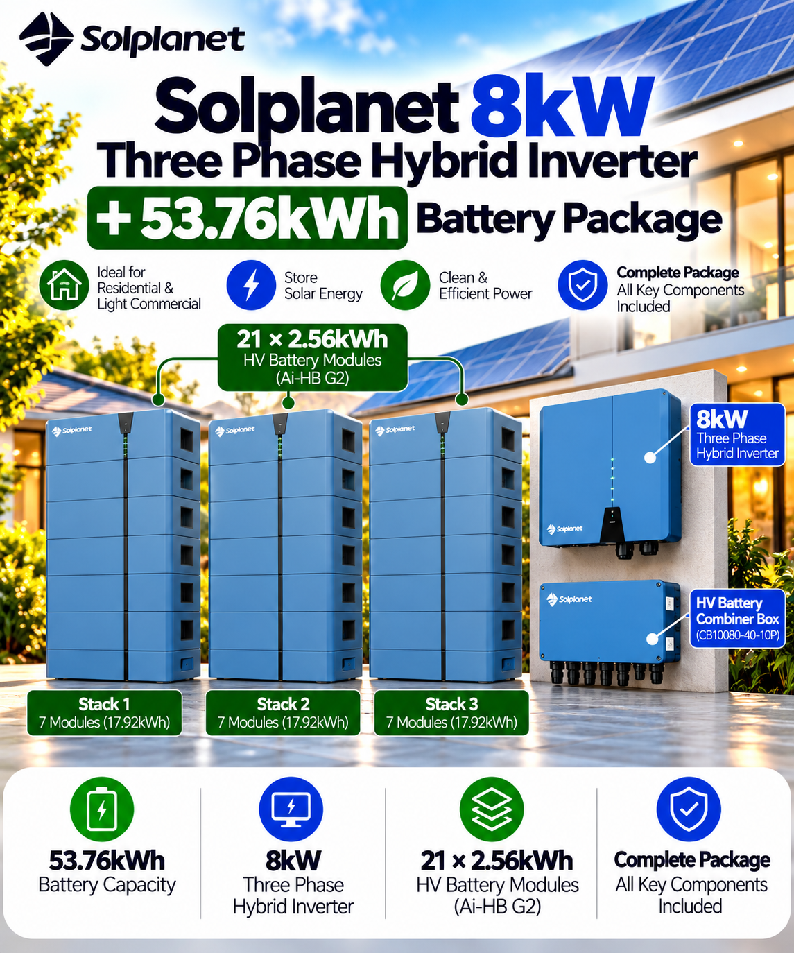 Solplanet 8kW Three Phase Hybrid Inverter + 53.76kWh Battery Package