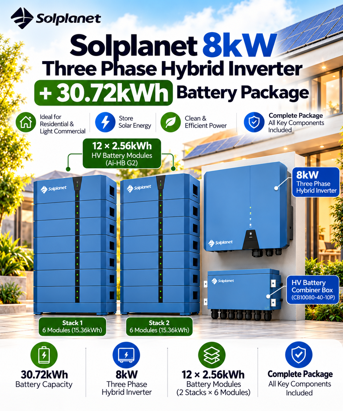 Solplanet 8kW Three Phase Hybrid Inverter + 30.72kWh Battery Package