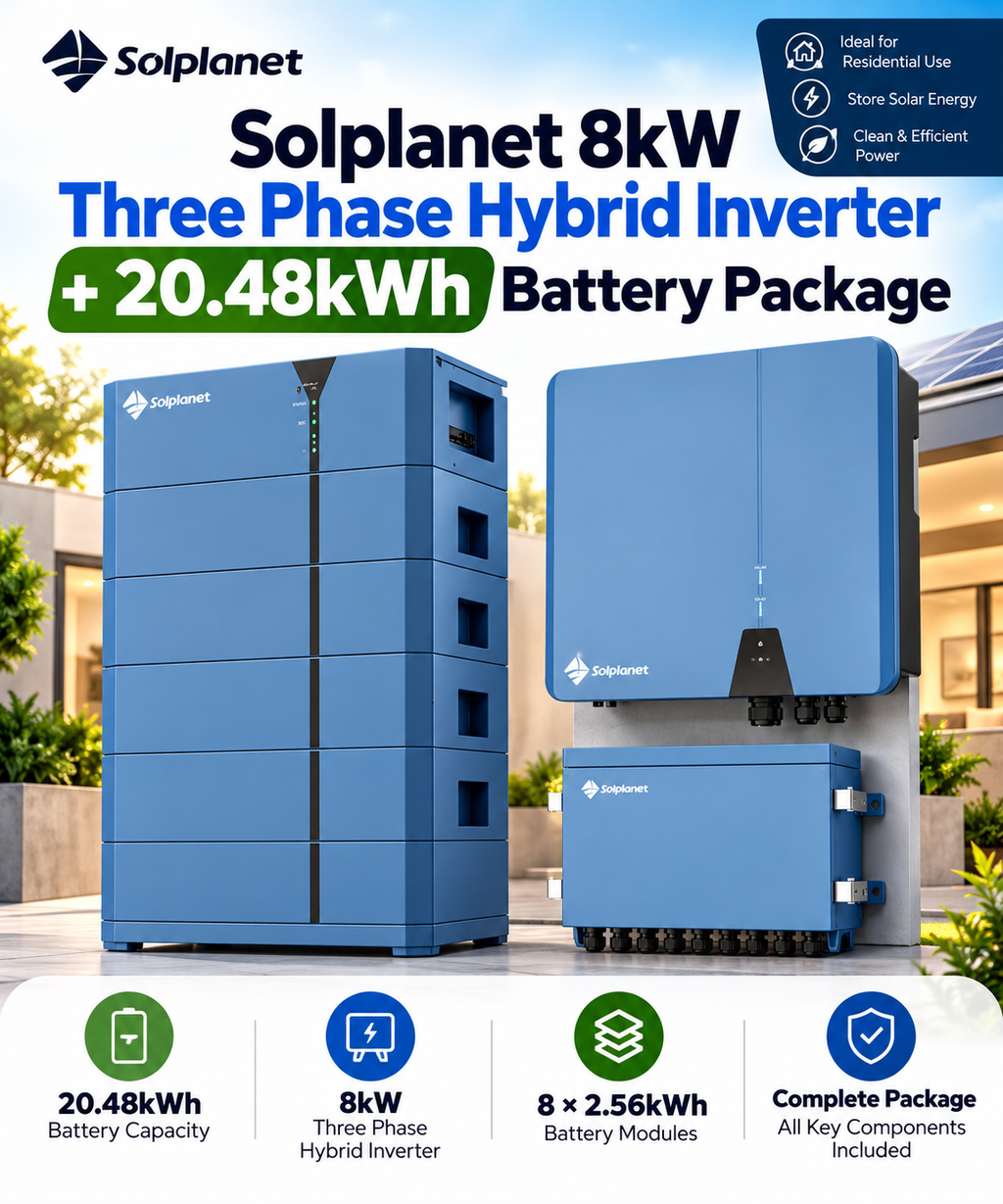 Solplanet 8kW Three Phase Hybrid Inverter + 20.48kWh Battery Package