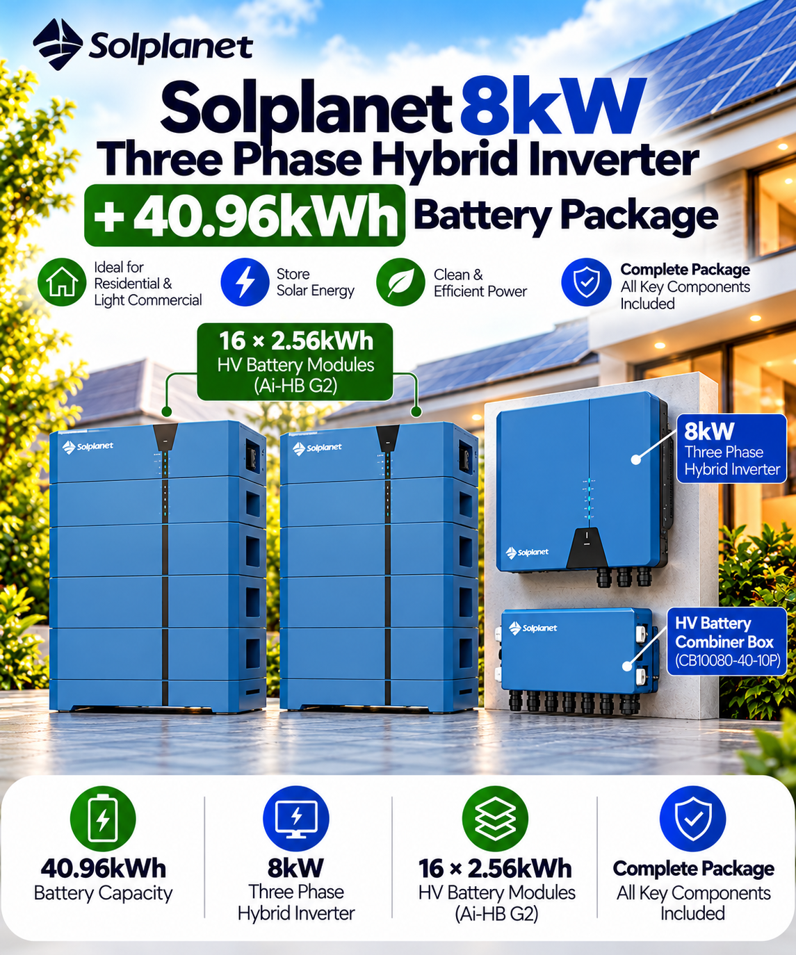 Solplanet 8kW Three Phase Hybrid Inverter + 40.96kWh Battery Package
